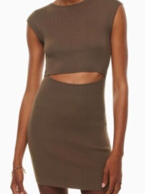 Aritzia Wilfred Free Knit Mini Cut-Out Dress in light brown/tan